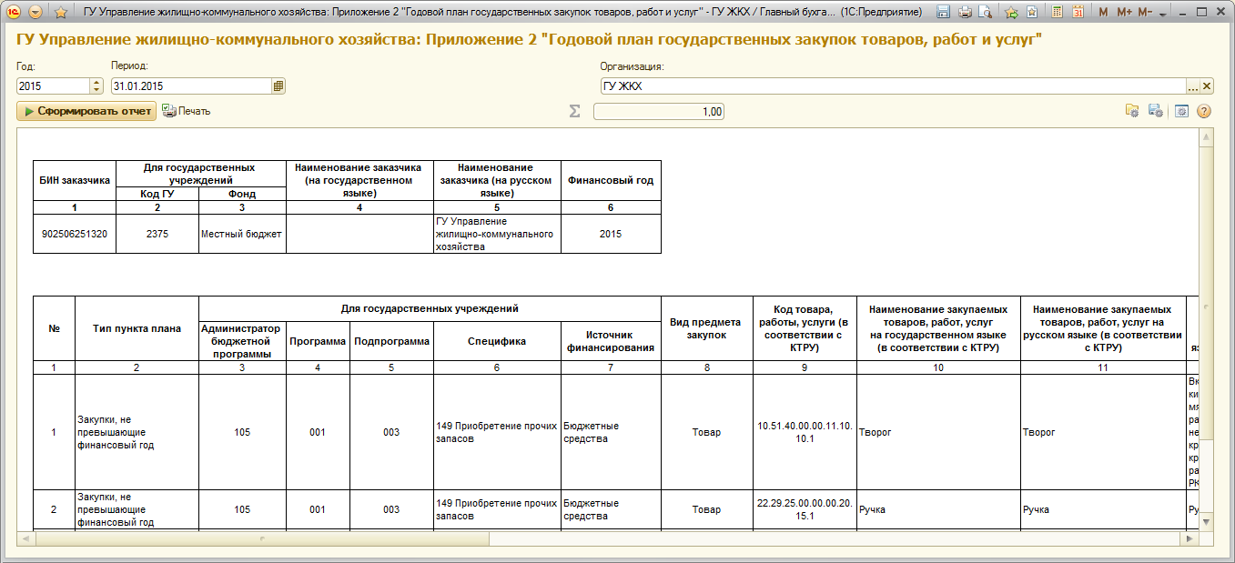 13.5. Отчет «Годовой план государственных закупок товаров, работ и услуг»  :: 1С:Предприятие 8. Конфигурация «Бухгалтерский учет для государственных  учреждений Казахстана». Редакция 4.0